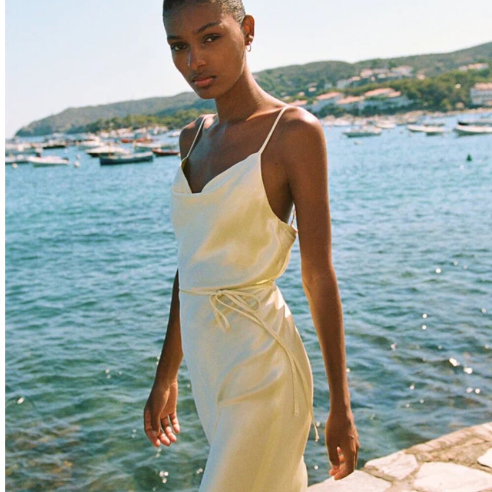 la lune bias cowl midi dress - lemon